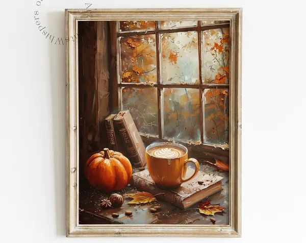 Pumpkins and Coffee, Rustic Autumn Art Print