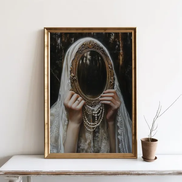 Victorian Mirror Wall Art Print, Moody Antique Woman