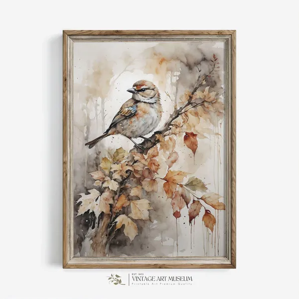 Vintage Rustic Fall Bird Watercolor Art Print