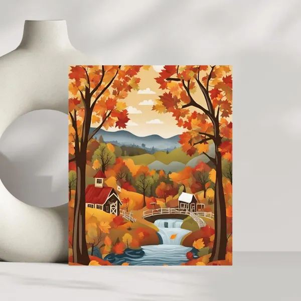 Fall Folk Art Print, Autumn Landscape Home Decor