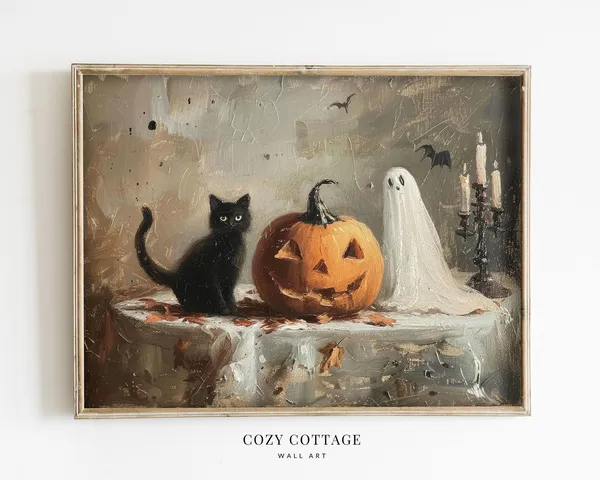 Black Cat Pumpkin Ghost Vintage Halloween Art Print