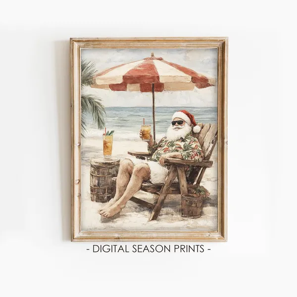 Santa Claus Vintage Christmas Beach Travel Poster