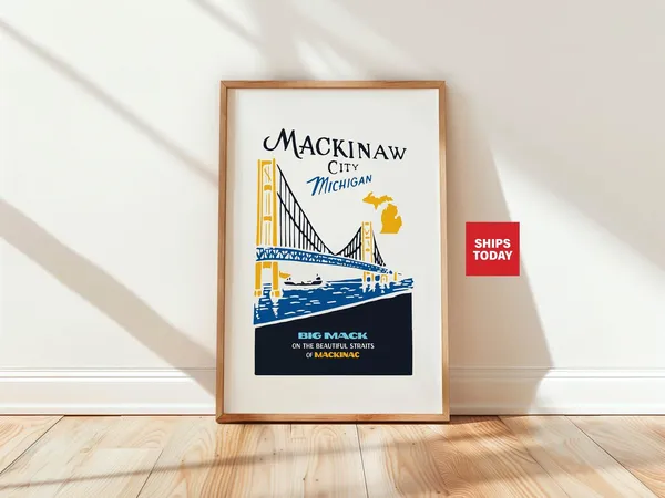 Mackinaw Travel Poster, Retro Michigan Wall Decor