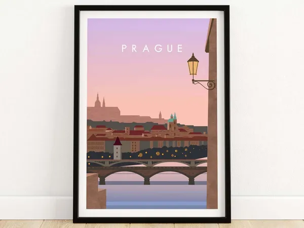 Prague Travel Poster, Czech City Skyline Art