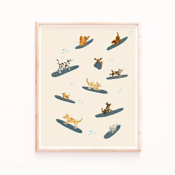 Dogs Surfing Print, Dog Lover Surf Wall Art
