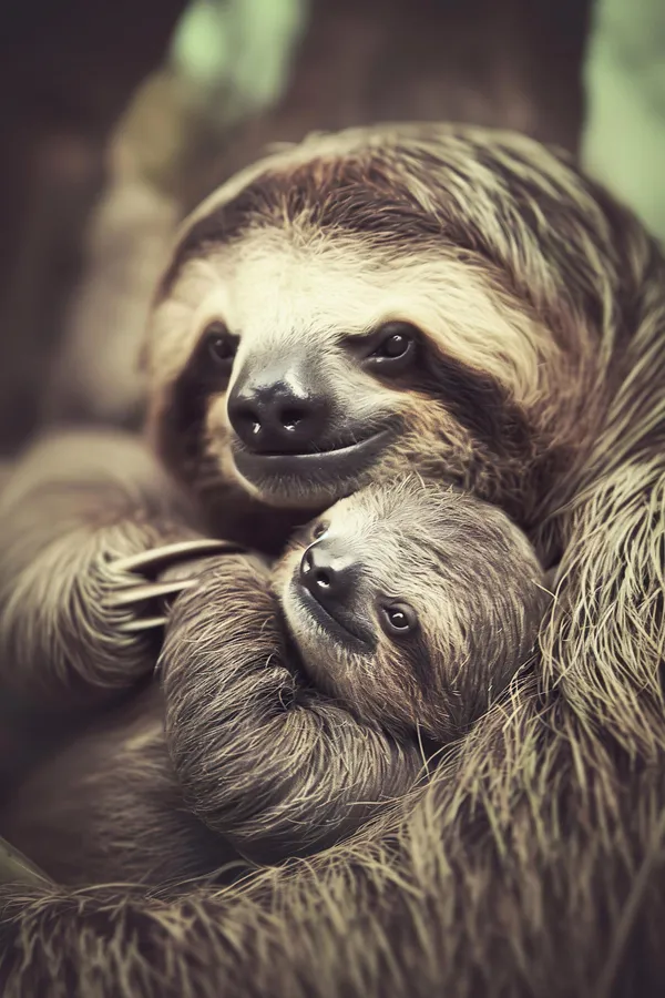 Mom Baby Sloth Vintage Style Nursery Art Print