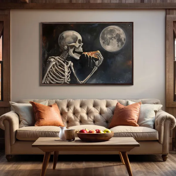 Skeleton Eating Pizza, Halloween Oil Painting Art Print