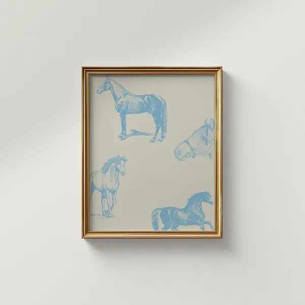 Sweet Blue Horse Illustration, Vintage Equestrian Art Print