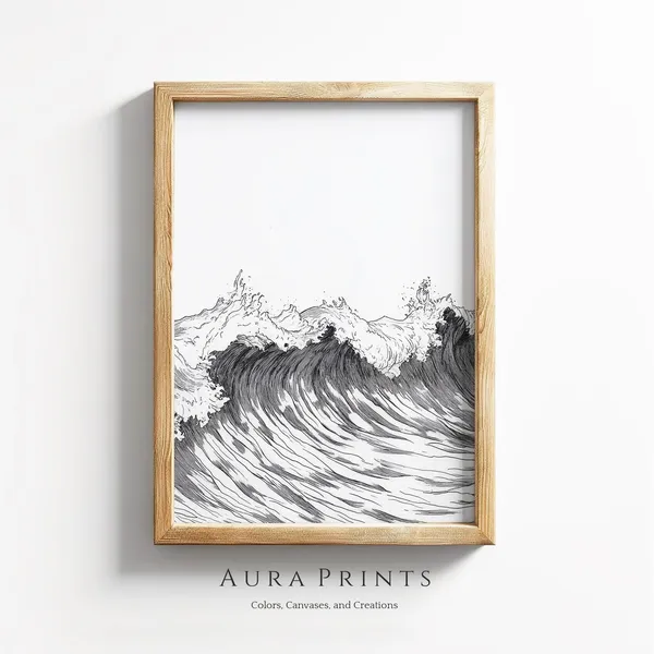 Ocean Waves Pencil Sketch, Neutral Vintage Art Print