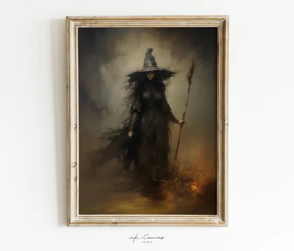 Vintage Halloween Witch With Broom Art Print