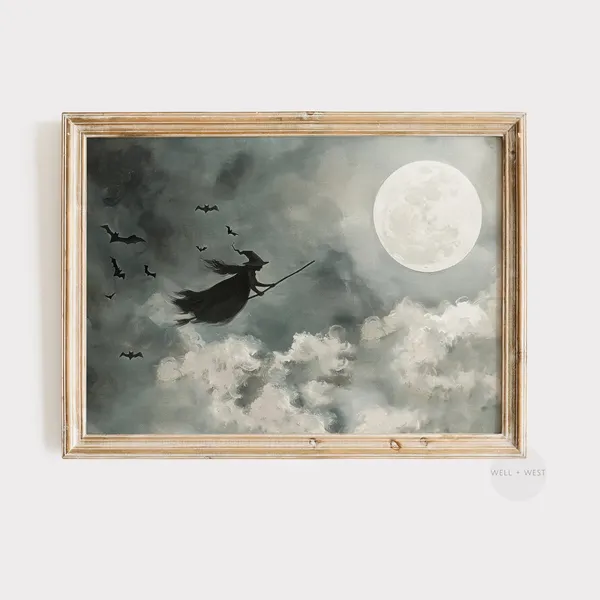 Witch on Broomstick Vintage Halloween Art Print