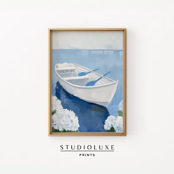 Paddle Boat Hydrangeas Vintage Oil Painting Art Print