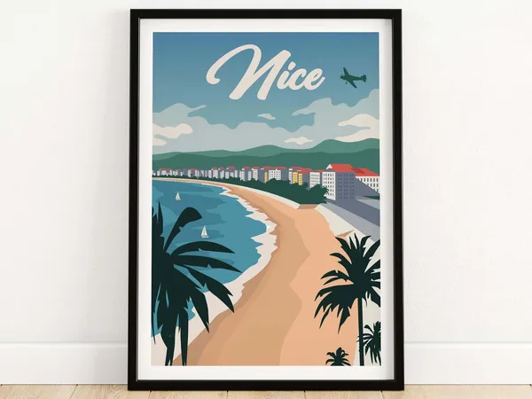 Nice France Skyline Poster, Retro Travel Art Print