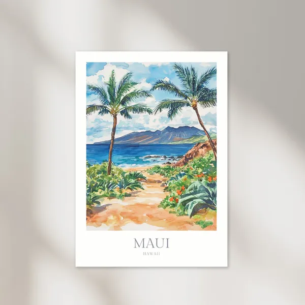 Maui Hawaii Watercolor Travel Poster, Wall Art Print