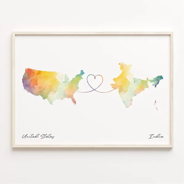 Us To India Watercolor Map Art Print