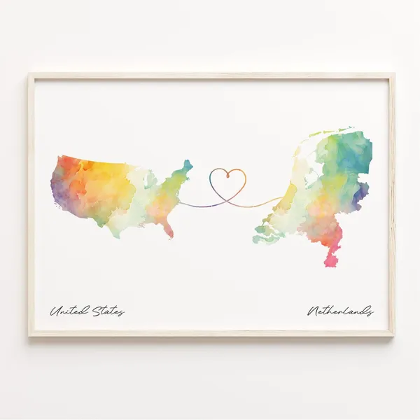 Us To Netherlands Watercolor Map Poster