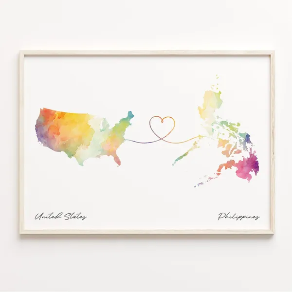 Us To Philippines Watercolor Map Poster, Travel Print