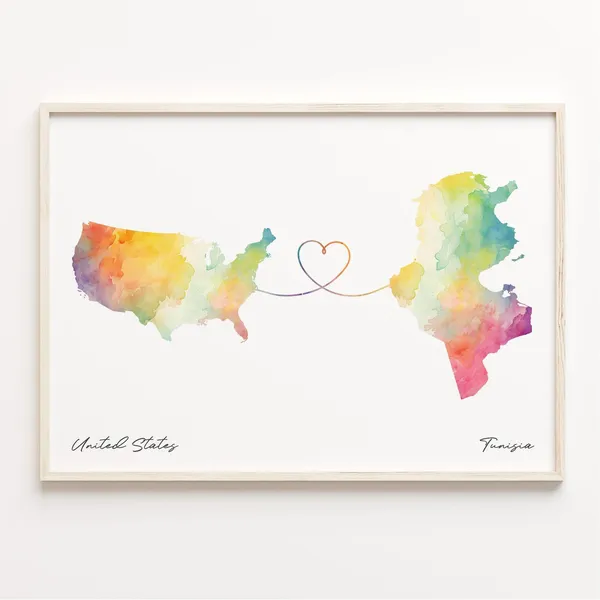 Us to Tunisia Watercolor Map Art Print