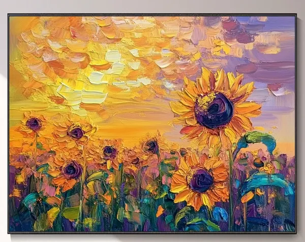 Vibrant Sunflower Garden Oil Painting, Floral Abstract