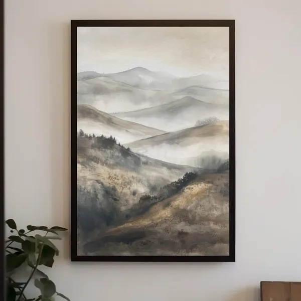 Foggy Hills And Mountains, Misty Landscape Art Print