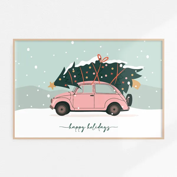Car Christmas Retro Holiday Decor Art Print