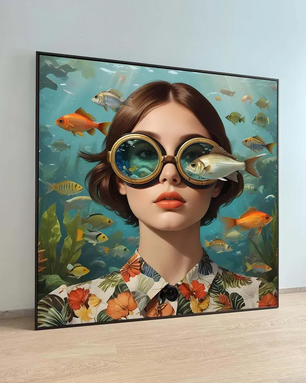 Surreal Woman With Fish, Whimsical Aquatic Art Print