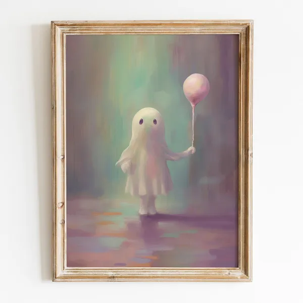 Cute Ghost With Balloon, Pastel Halloween Art Print