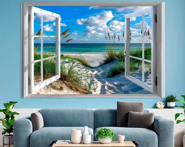 Beach Window View Ocean Print, Seaside Wall Art