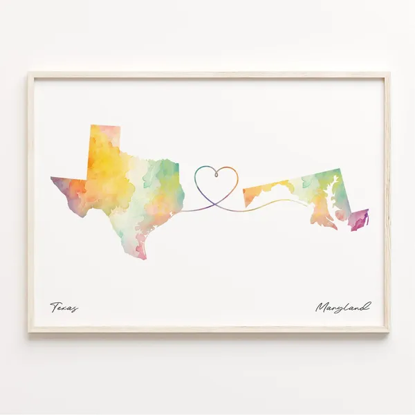Texas To Maryland Watercolor Map Art Print