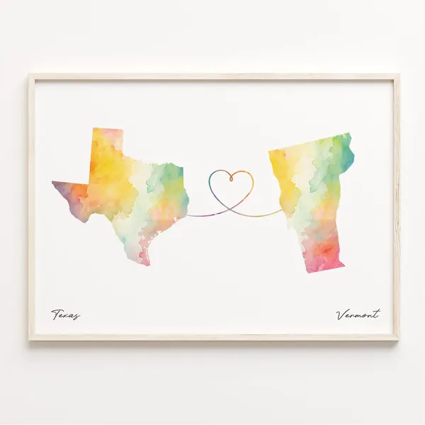 Texas To Vermont Watercolor Map Art Print