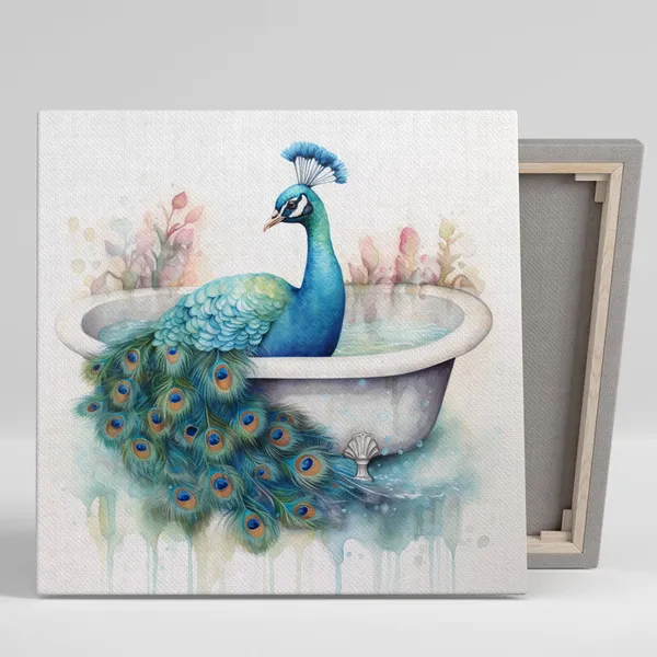 Peacock Bathtub Splendor, Whimsical Bathroom Art Print