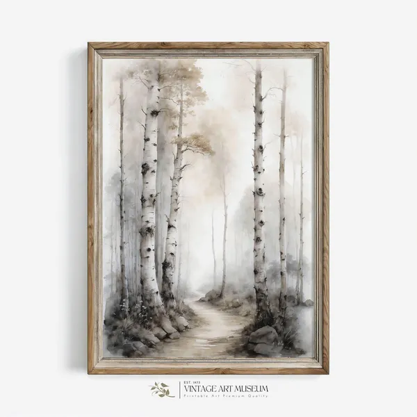 Vintage Watercolor Birch Tree Art Print, Cottagecore Decor