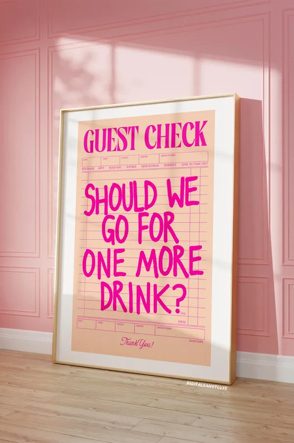 Guest Check Pink And Orange Art Print, Bar Cart Decor