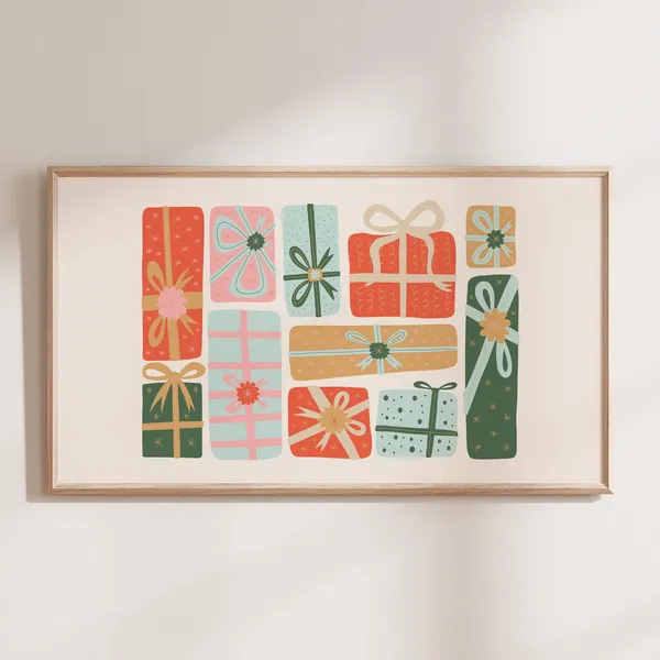 Retro Christmas Presents Art Print, Holiday Decor