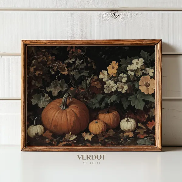 Vintage Pumpkin Flower Art Print, Dark Autumn Botanical