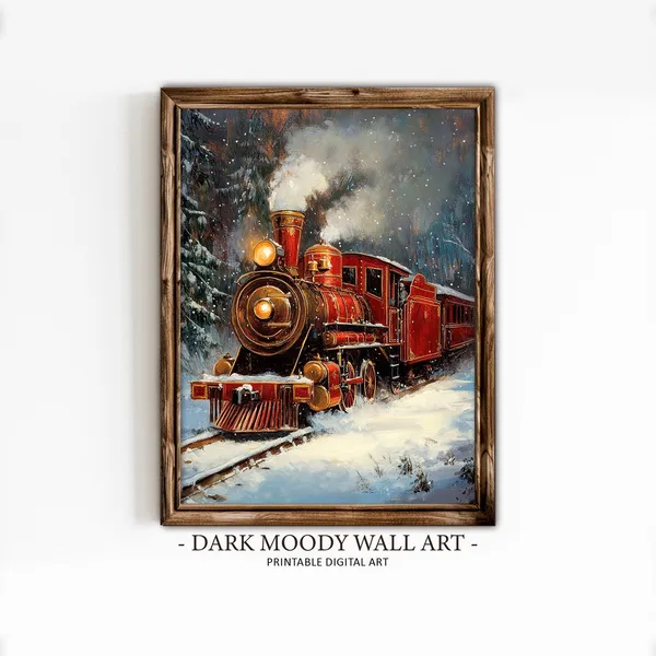 Christmas Train Vintage Art Print, Winter Forest