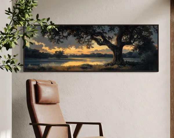 Old Oak Tree at Sunset, Moody Panoramic Art Print