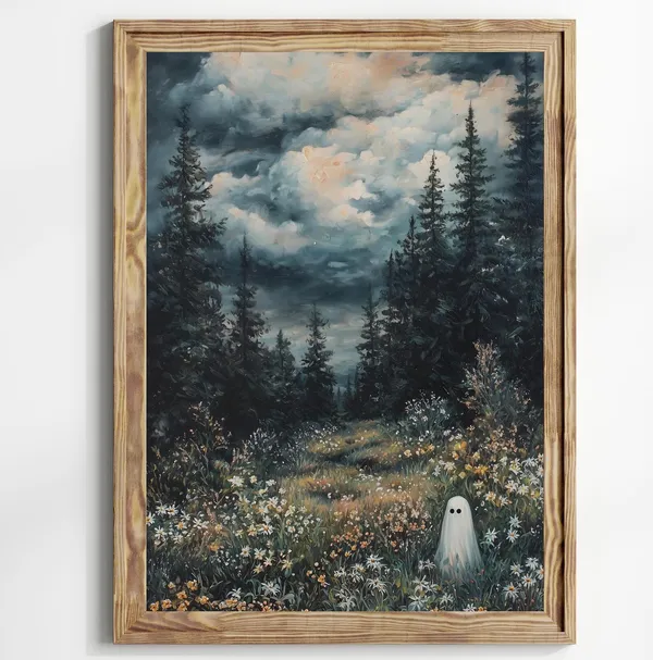 Ghost in Magical Forest Meadow Art Print, Dark Academia
