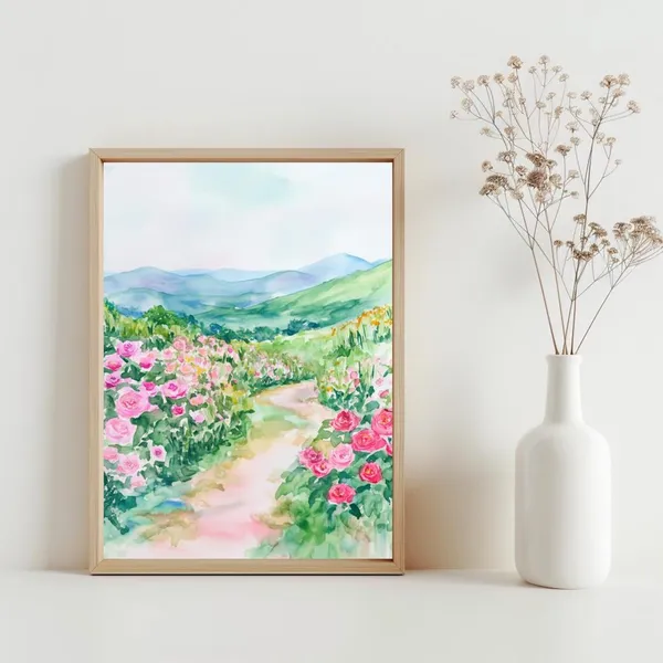 Watercolor Flower Landscape, Summer Garden Poster