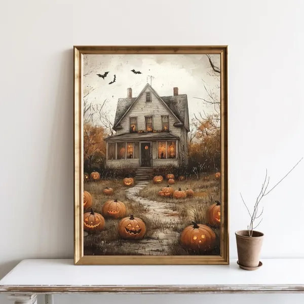 Spooky Halloween Farmhouse Pumpkin Patch Vintage Art Print