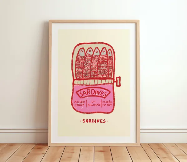 Retro Sardines Pink Tin Art Print, Vintage Kitchen Decor