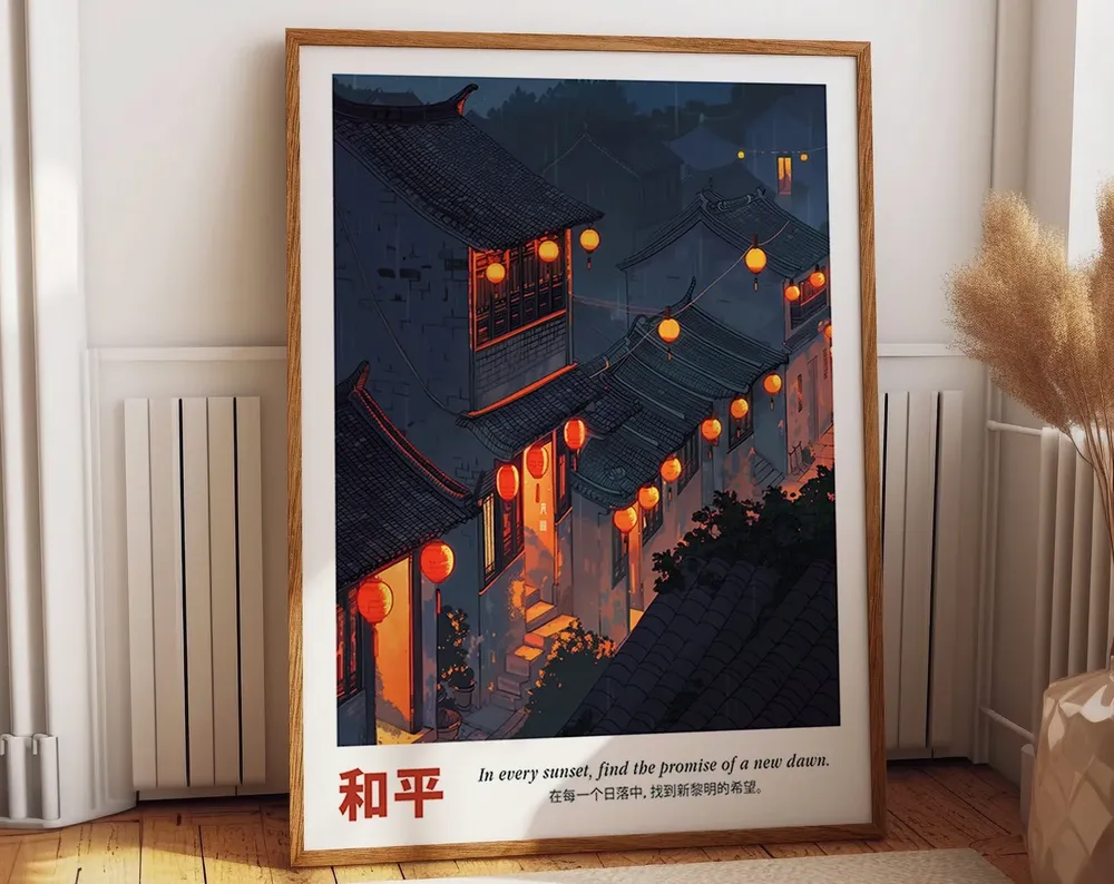 Chinese Lanterns Illuminating Old Town Streets, Poster
