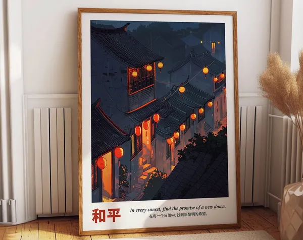 Chinese Lanterns Illuminating Old Town Streets, Poster