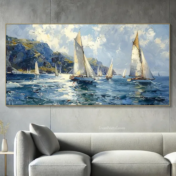 White Sailboats on the Sea, Abstract Oil Painting