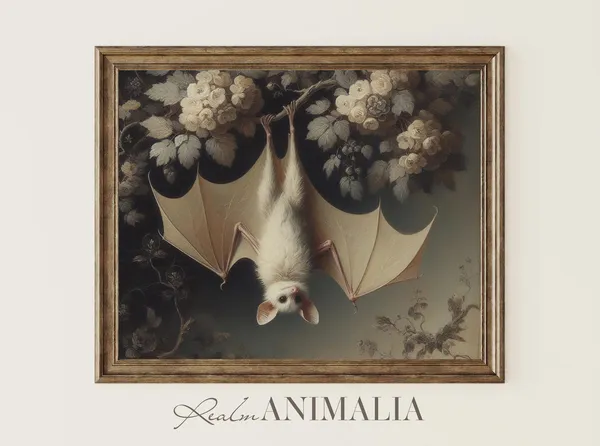 Hanging White Bat Art Print, Cottagecore Botanical