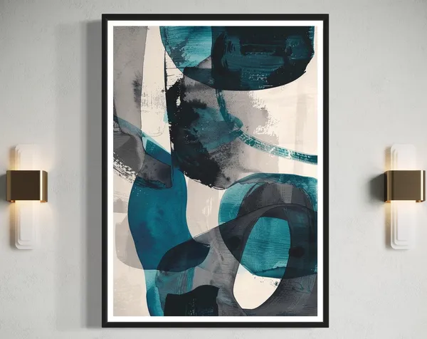 Grey Turquoise Abstract Art Print, Mid-Century Modern
