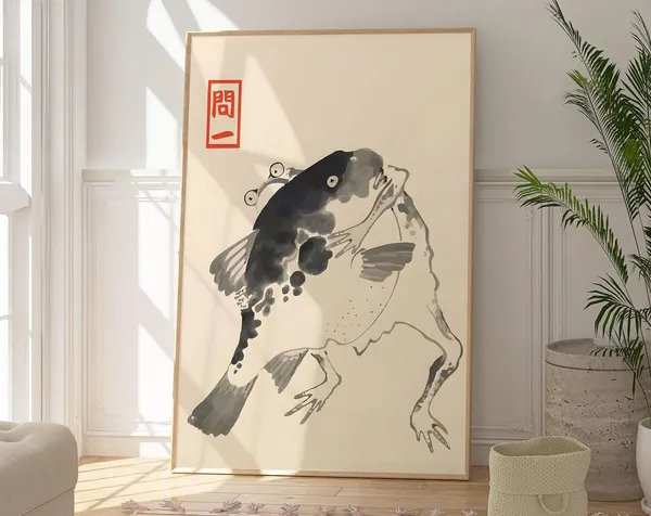 Matsumoto Hoji Frog and Fish, Vintage Ink Art Print