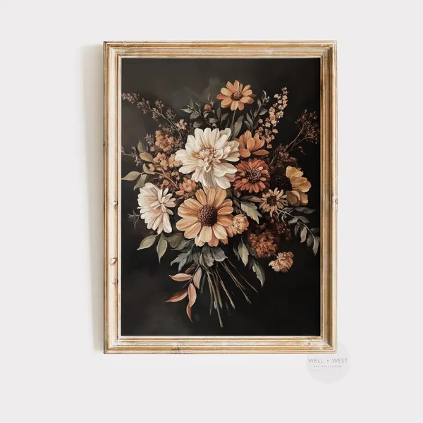Vintage Fall Floral Bouquet, Moody Botanical Art Print