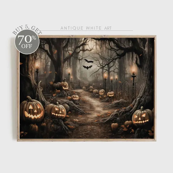 Halloween Spooky Forest With Pumpkins Art Print