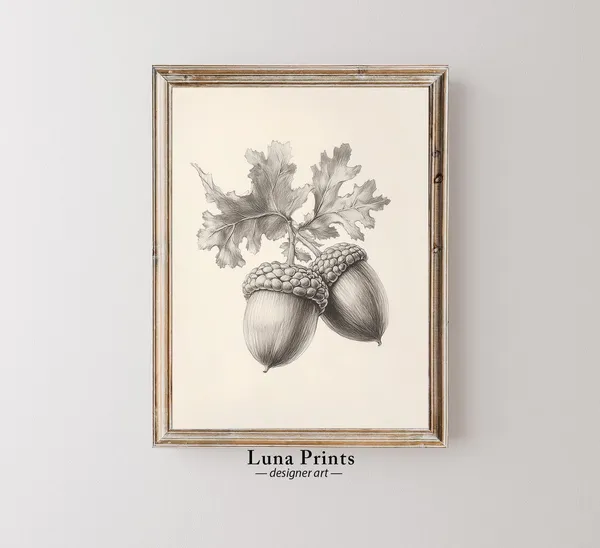 Vintage Acorn Art, Neutral Autumn Wall Decor Print